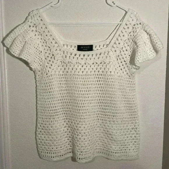 WYSE London White Open Crochet Short Sleeve Square Neck Blouse Top Size Small - Picture 1 of 8